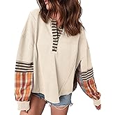 SELINK Womens Long Sleeve Henley Shirts Casual Waffle Stripe Plaid Patchwork Sweatshirts Knit Tops