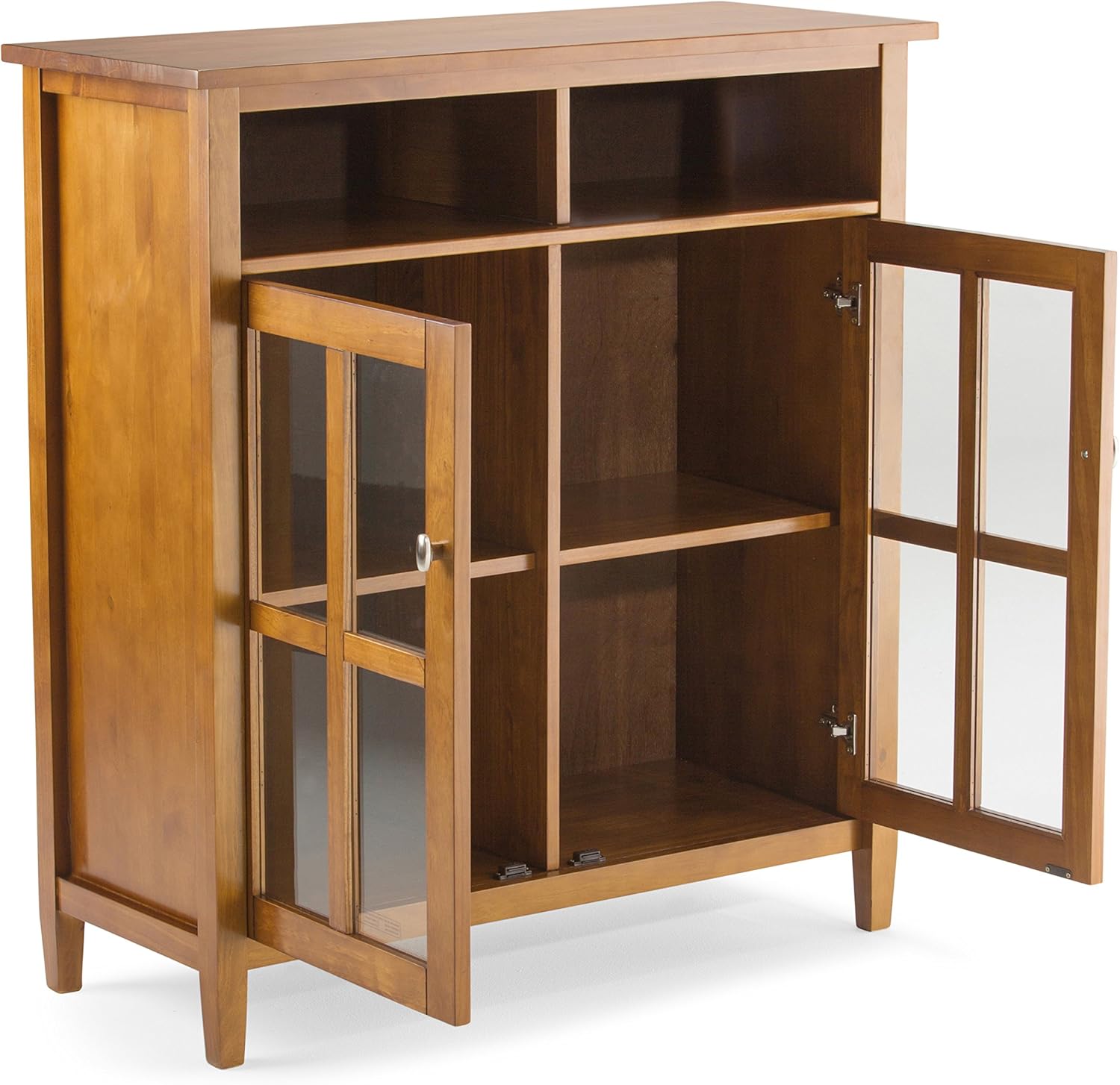 Amazon Com Simplihome Warm Shaker Solid Wood 39 Inch Wide Rustic Medium Storage Media Cabinet In Honey Brown With 2 Doors With Tempered Glass 2 Adjustable Shelves 2 Open Top Cubbies Furniture Decor