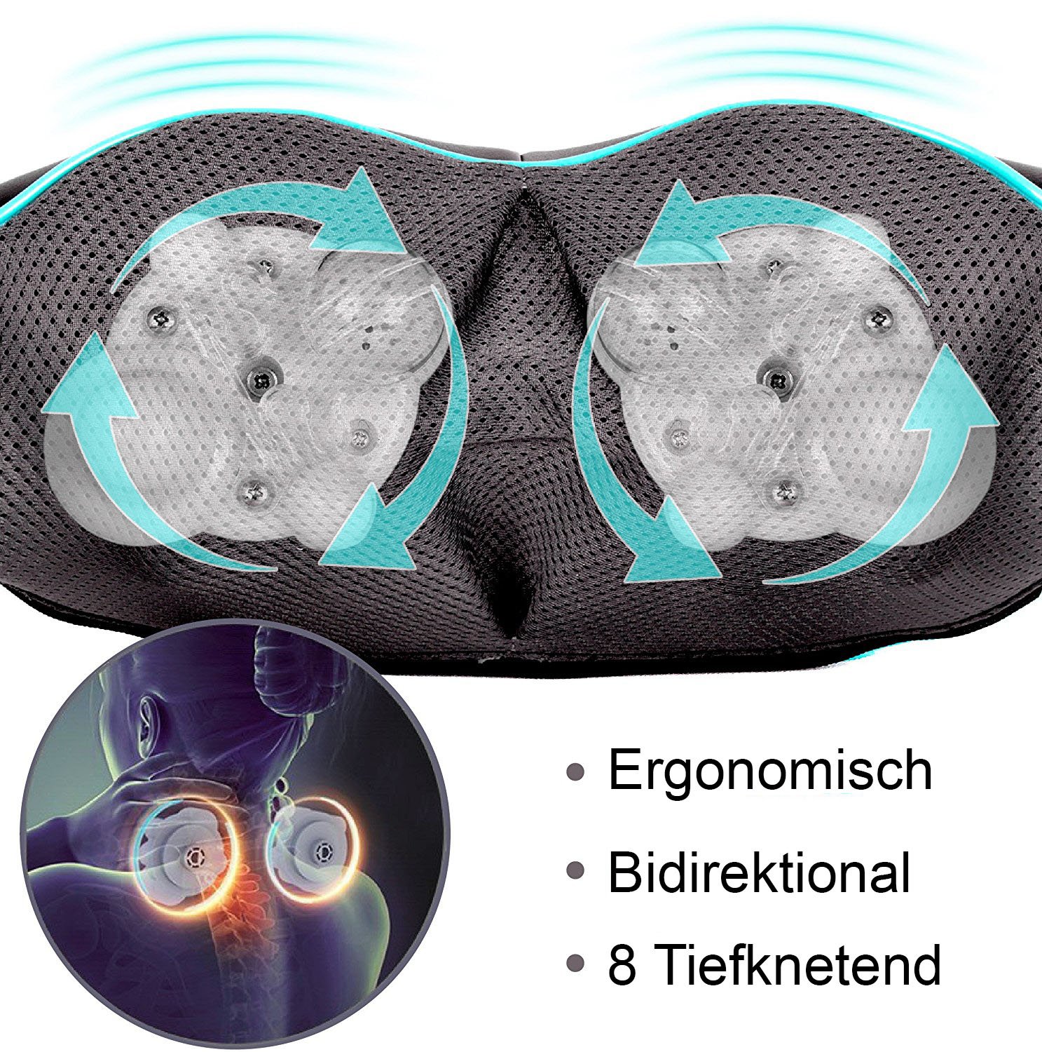 Shiatsu Masajeador de Espalda Cuello y Hombros con Calor - Masaje Cervical con Rotación 3D - Cojín Masajeador para Cuello, Hombros, Cervicales, Espalda, Piernas y Pies – Almohada de Masaje Eléctrico, Alivia Dolor Muscular y Relajación – Par