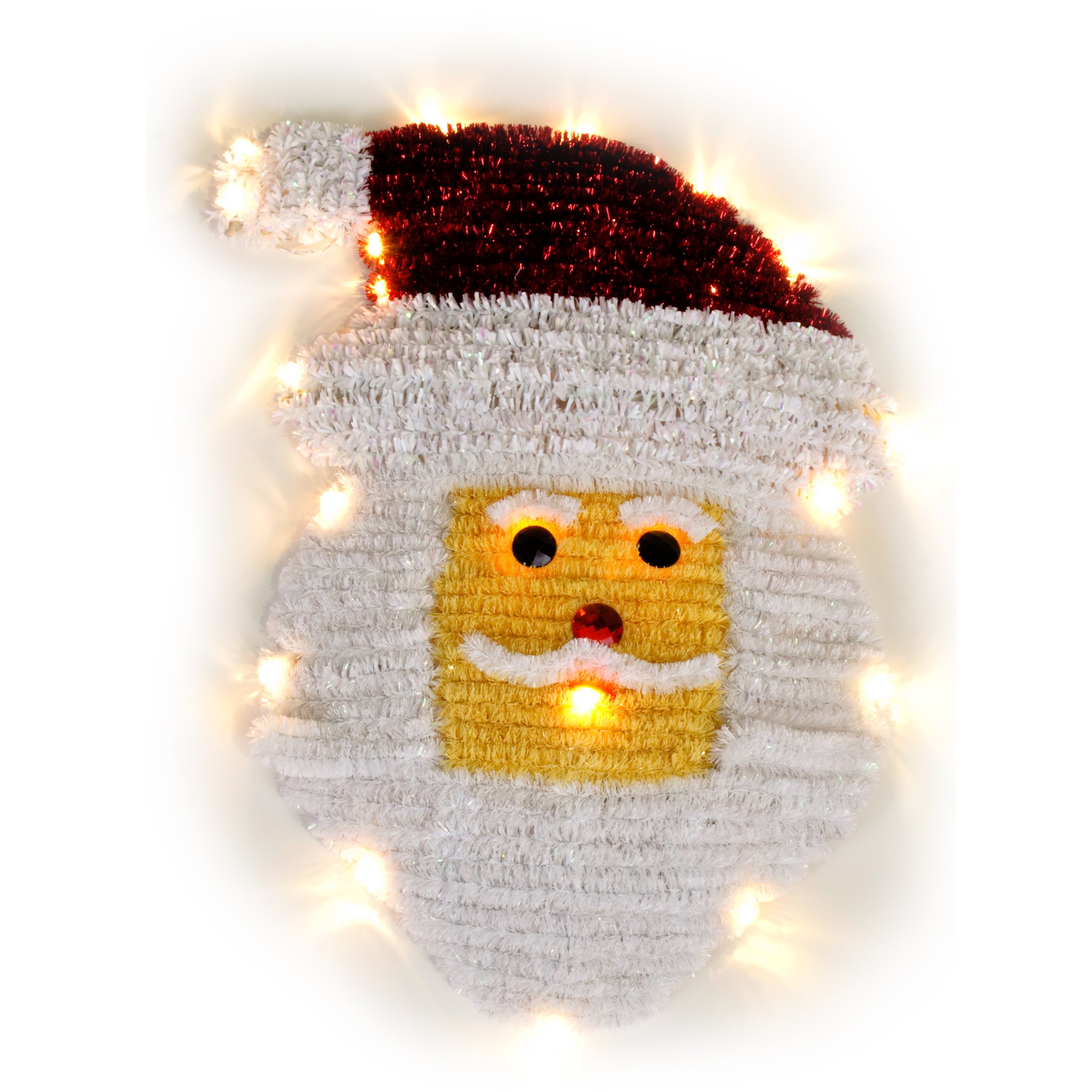 WeRChristmas Pre-Lit Tinsel Santa Hanging Wall Decoration with 20 Warm White LED Lights - 48 x 36 x 3 cm, Multi-Colour