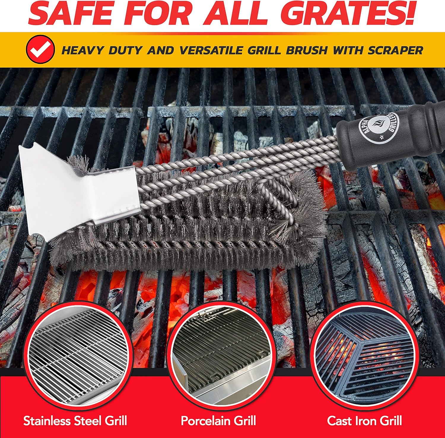 Alpha Grillers Grill Brush and Scraper. Best BBQ Cleaner. Perfect Tools for All Grill Types, Including Weber. Stainless Steel Wire Bristles and Stiff 18 Inch Handle. Ideal Barbecue Accessories: Home & Kitchen