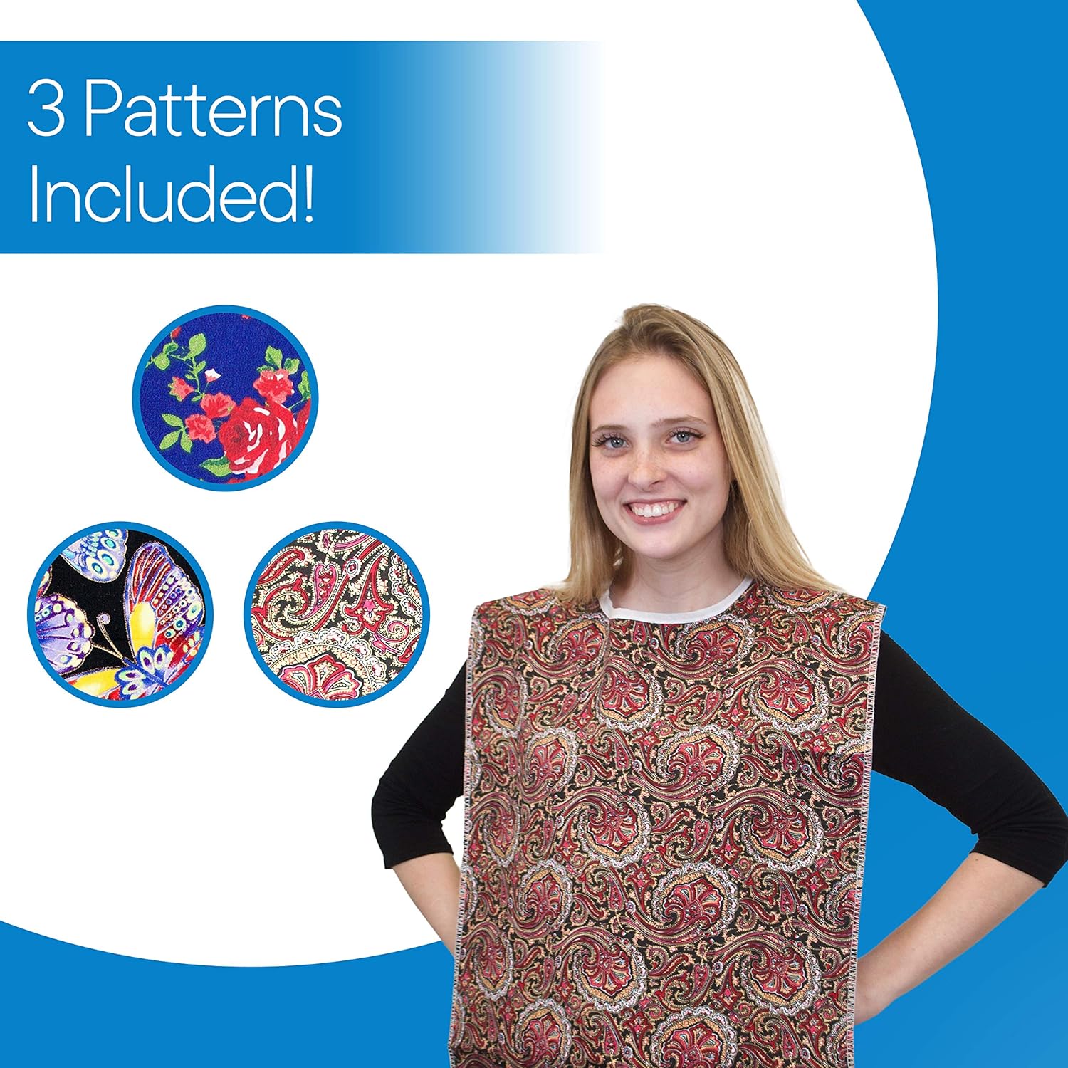RMS 3 Pack Adult Bib Washable Reusable Waterproof Clothing Protector with Optional Crumb Catcher and Vinyl Backing 34"X18" (Butterfly/Blue Rose/Heritage): Health & Personal Care