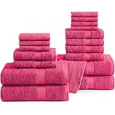 LANE LINEN Pink Cotton Bath Towels Set - 18 Piece - Super Soft, Quick Dry & Highly Absorbent - 4 Bath, 8 Wash Cloth, 6 Hand Towels - Gentle on Skin & Ideal Gift for Her - Fuchsia Pink