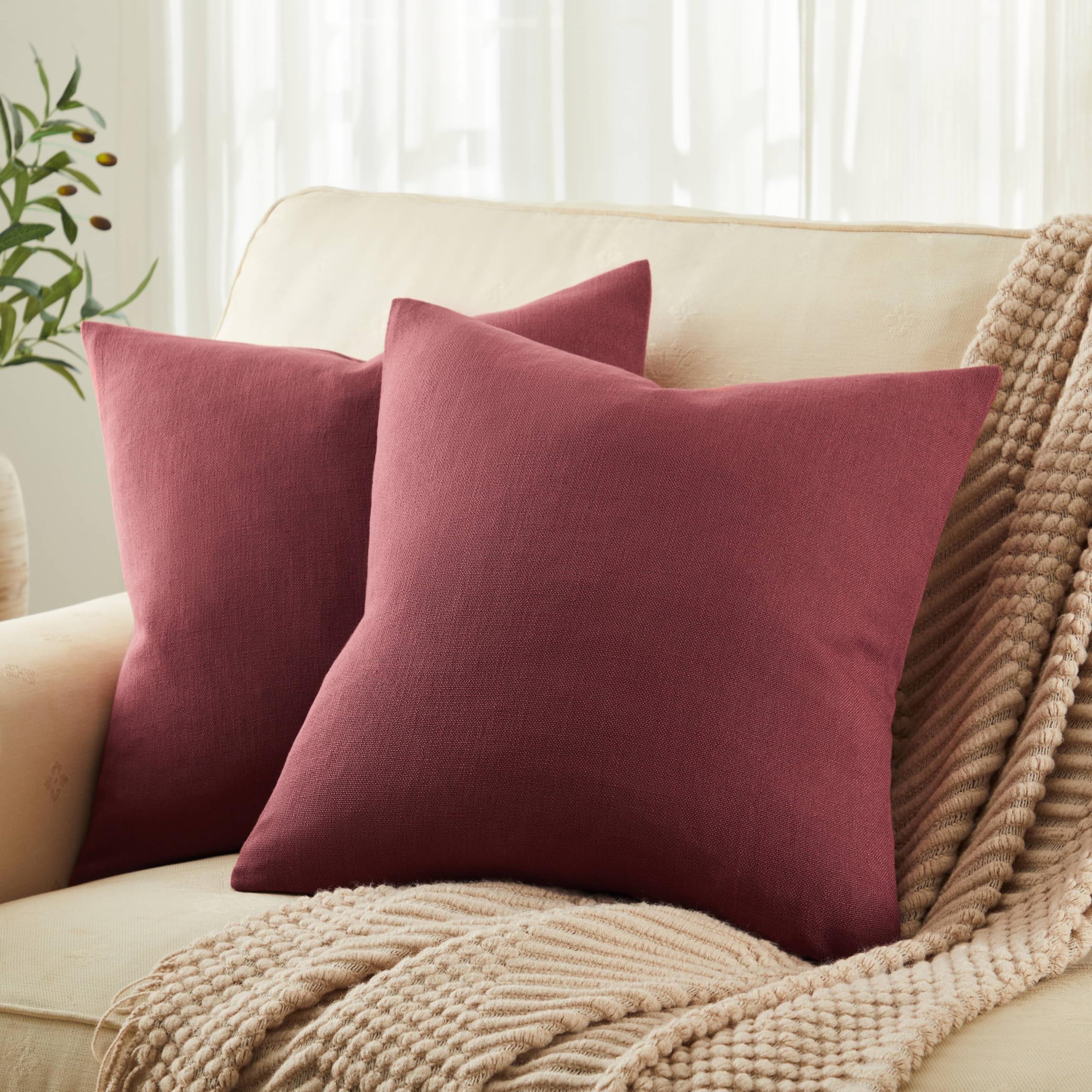 Photo 1 of ZeeMart Rustic Cotton Linen Throw Pillow Covers Set of 2, 20x20 Inch Burgundy, Farmhouse Style Decorative Couch Pillow Cases Cushion Covers for Sofa Bed Living Room Home Decor