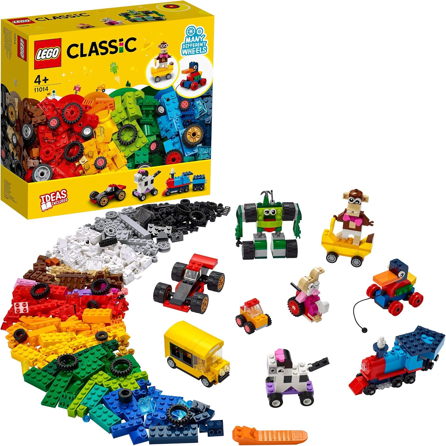 LEGO 11014 Classic Bricks and Wheels Starter Building Set including Toy Car, Train, Bus, Robot
