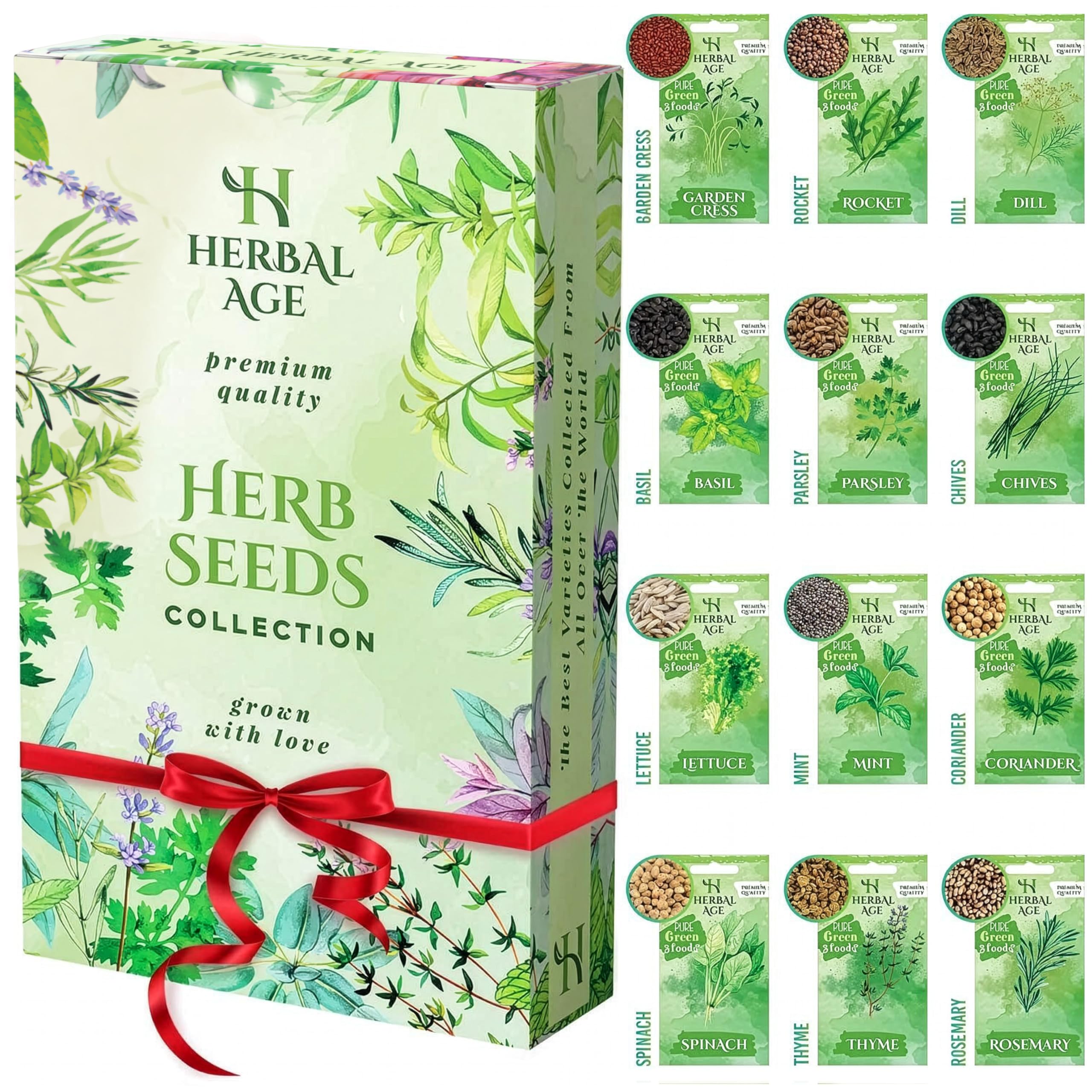 Herbal Age Grow Your Own Herb Garden Kit, 12 Herbs Plants, 8700 Herb Seed Box for Planting UK, Salad Leaves, Basil Seeds, Mint, Cress Seeds, Veg Plant Gardening Gift for Men, Women