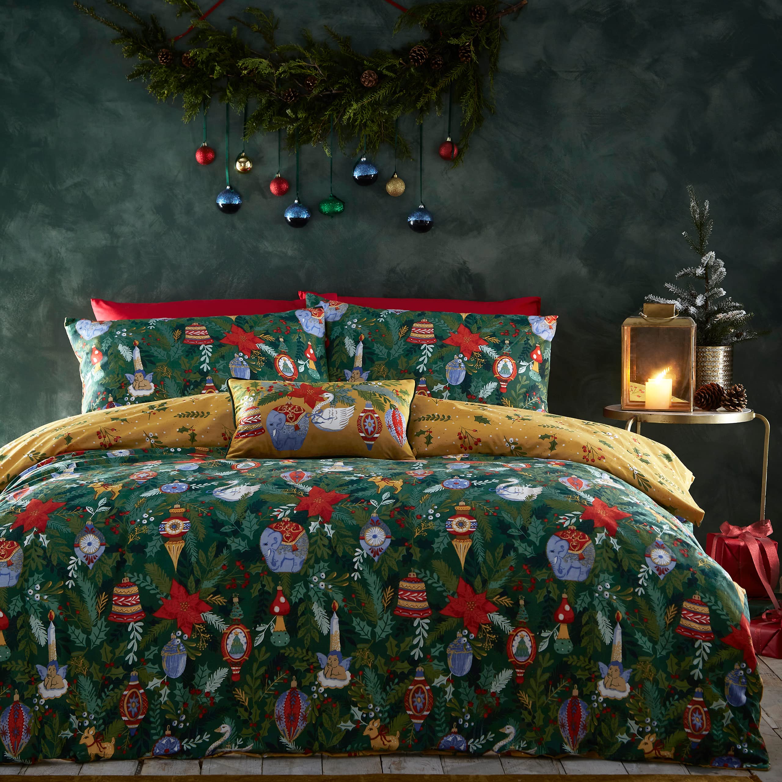 furn Deck The Halls Christmas Duvet Cover Set - Festive Bedding Holiday Décor (Green - Double)