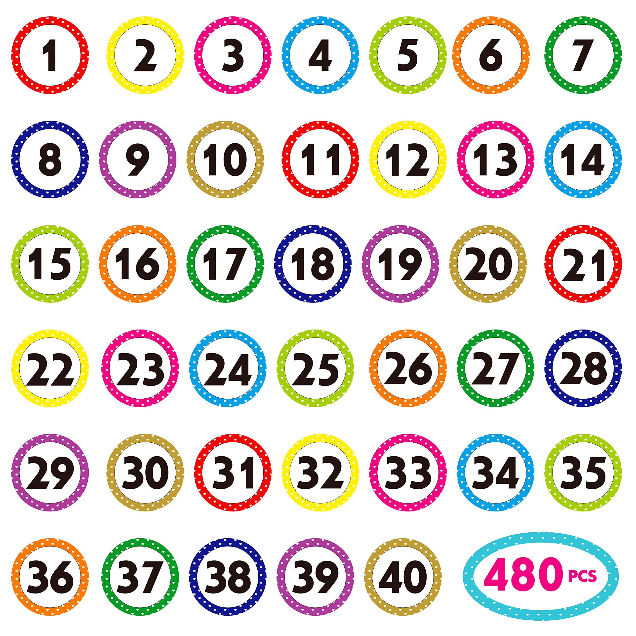 480 PCS Polka Dot 1-40 Numbers Stickers for Office, Classroom, Organizing (Each Measures 1" in Diameter)