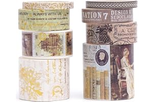 YUBX Vintage Washi Tape Set 8 Rolls Retro Gold Foil Decorative Antique Patterns Masking Tapes for Arts, DIY Crafts, Journals,