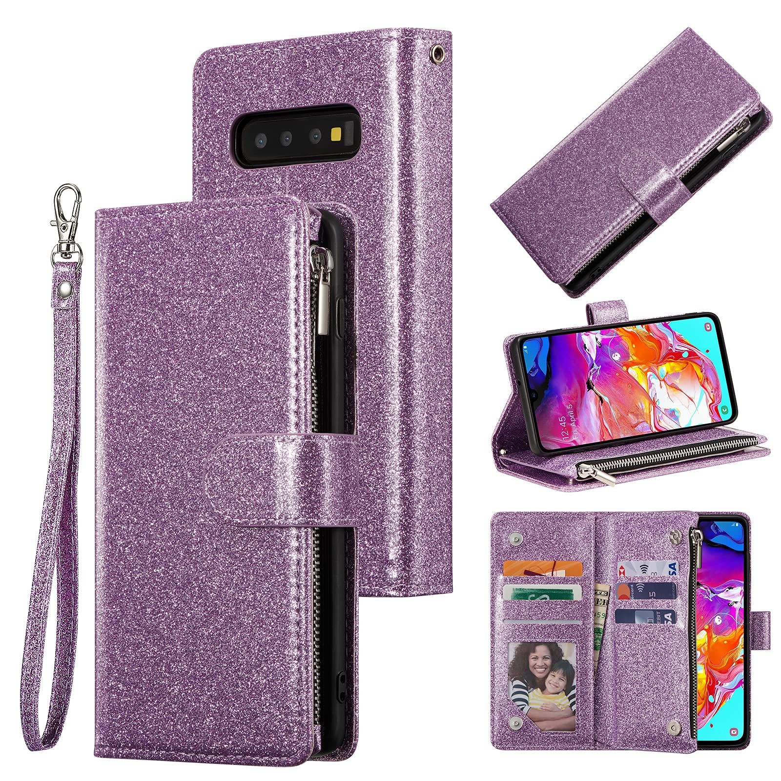 UEEBAI Wallet Case for Samsung Galaxy S10, Premium Glitter PU Leather Case Magnetic Closure Bling Handbag Zipper Pocket Case Kickstand Card Holder Slots Shockproof Flip Cover for Galaxy S10 - Purple#2