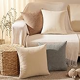 Set of 4 Neutral Throw Pillow Covers 18x18 Inch, Neutral Boho Farmhouse Aesthetic Decorative Pillow Cases for Couch, Sofa, Living Room & Bed, Soft Chenille Pillow Cases, Stylish Home Decor, 45x45 cm