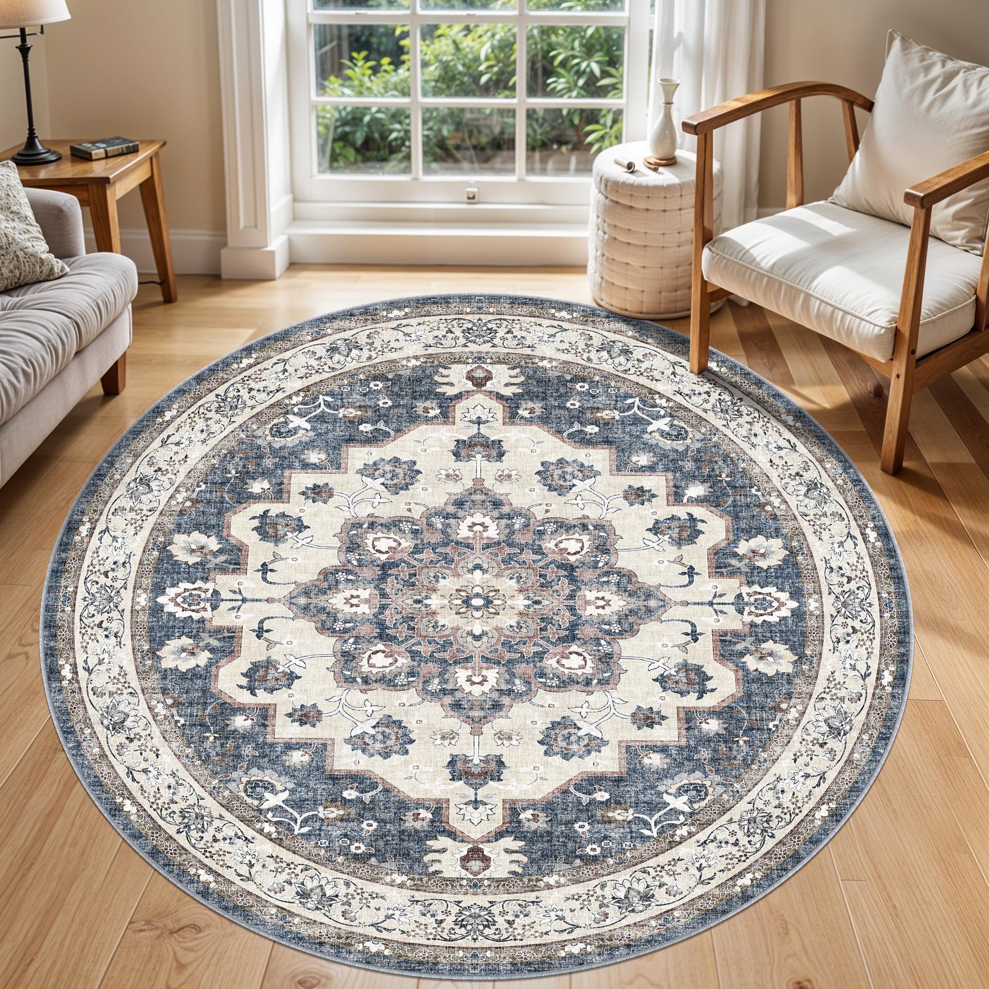 Washable Living Room Circle Rug: 6ft Round Rugs for Bedroom Dining Room Indoor Oriental Ultra Thin Soft Carpet Water Resistant Floral Distressed Non-Shedding Floor Carpets Home Decor (6ft-Round,Blue) Image