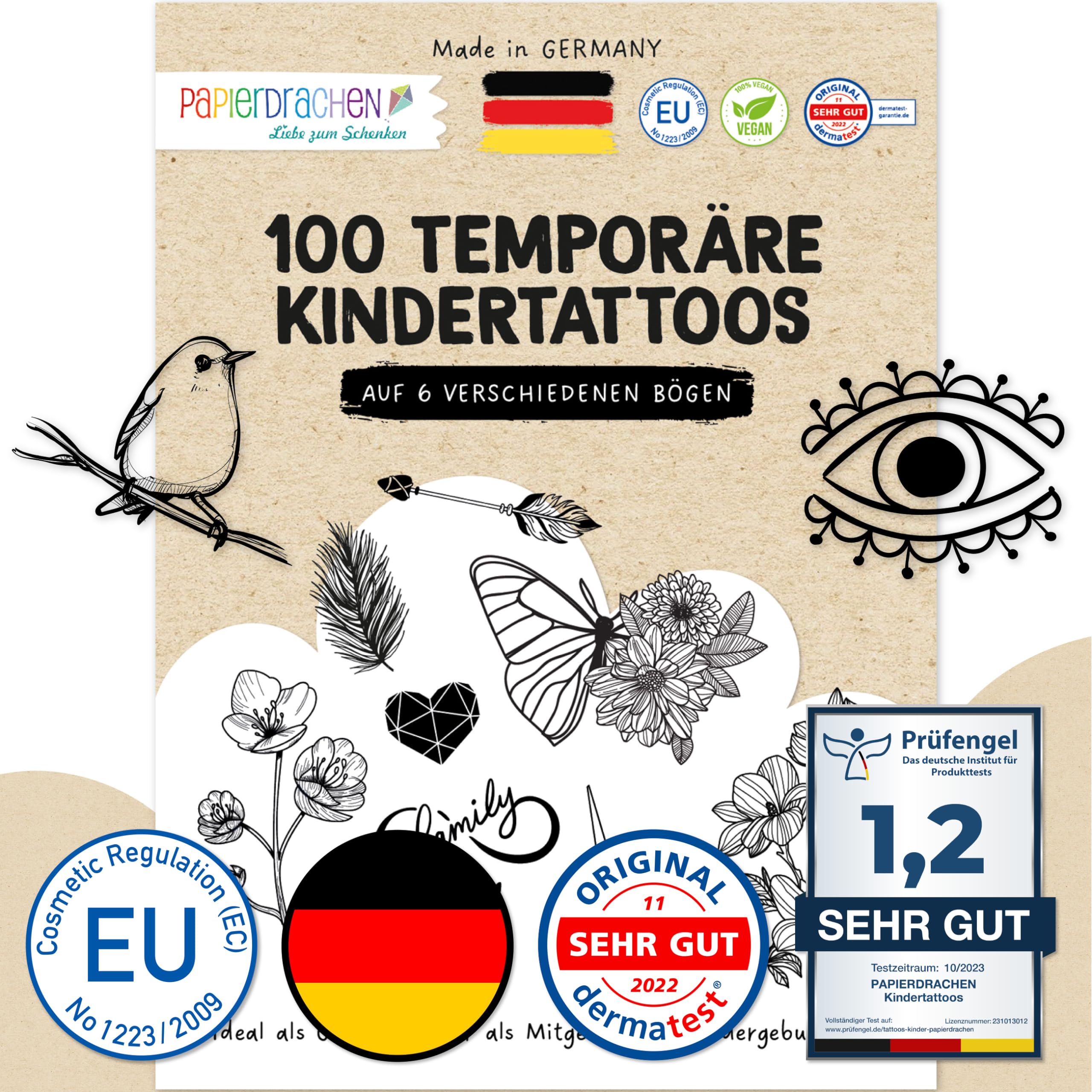 100 Stick-on tattoos - Skin-friendly tattoos black and white - stylish designs - For stag parties, theme parties and leisure activities