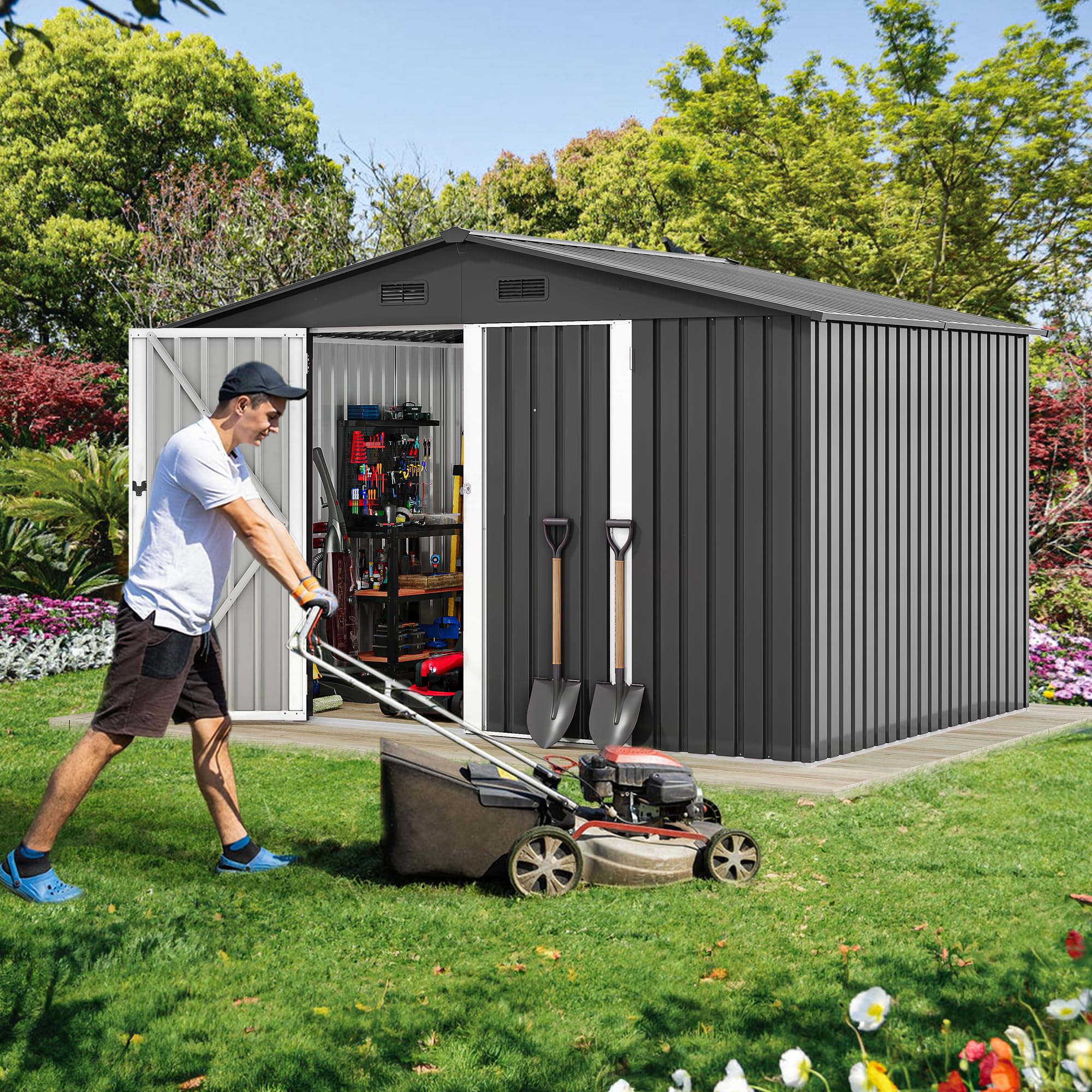 Photo 1 of ***** PARTIAL SET *** DWVO 10'x8' Large Metal Outdoor Storage Shed, Heavy Duty Tool Storage Sheds for Backyard Patio Lawn - Ideal for Bicycles, Garden Tools, and Lawn Equipment, Easy-to-Assemble, Dark Gray
