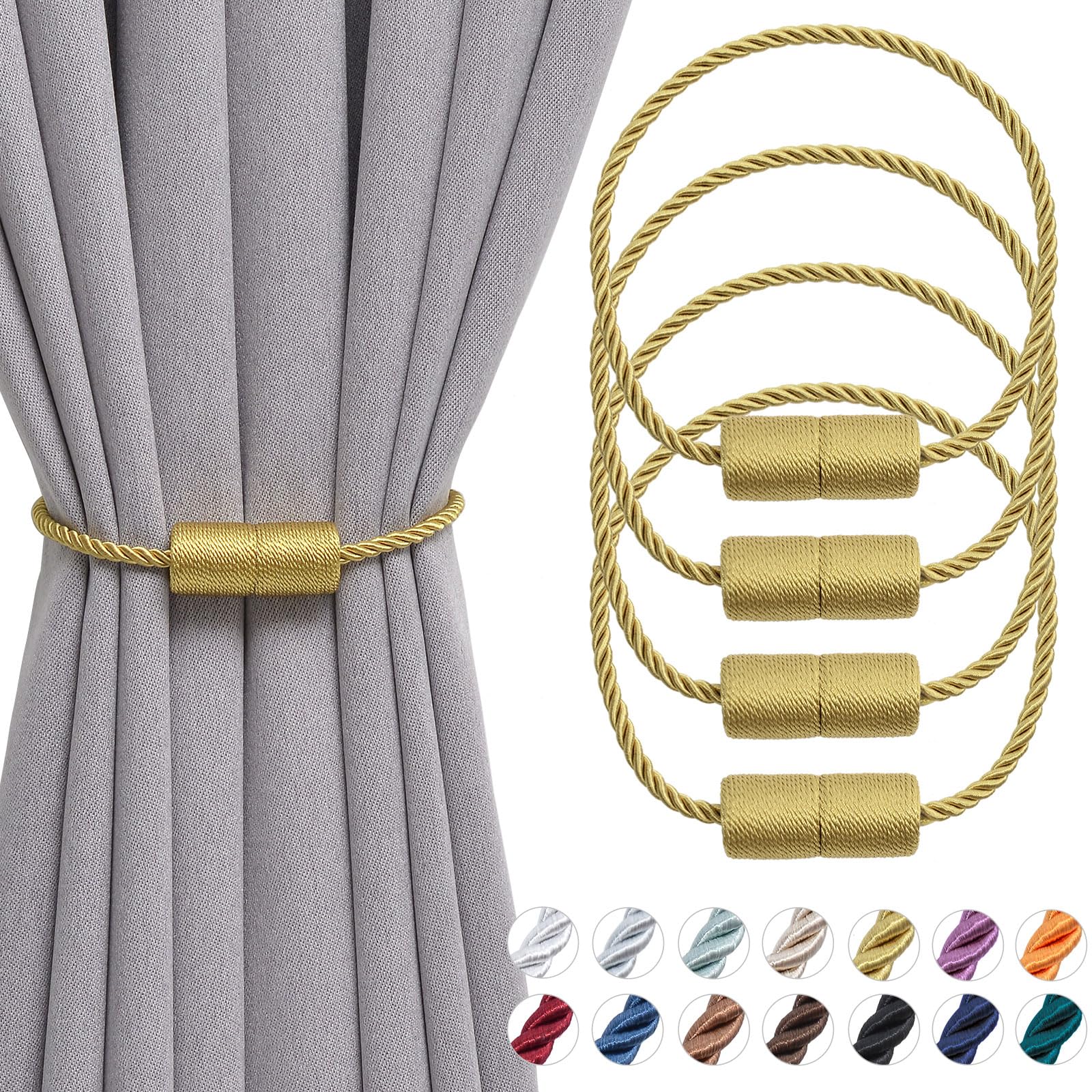 Pretty Jolly 4 Pack Magnetic Curtain Tiebacks 16 Inch Handmade Weave Side Rope Curtain Holdbacks Convenient Decorative Cylinder Curtain Drape Tie Backs for Home & Office Window Drapery (Gold)