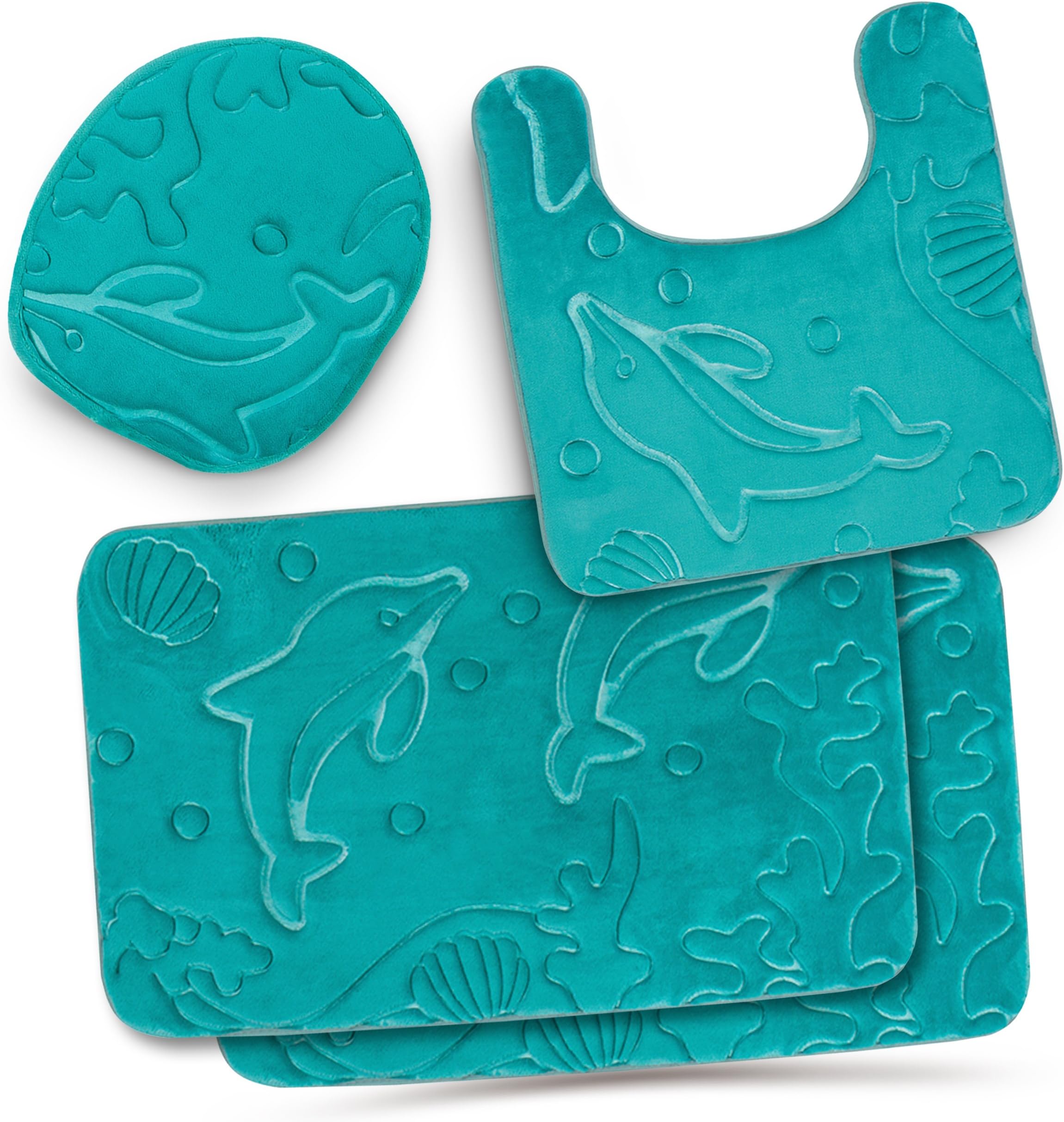 Bathroom Rug Mat Set 4-Piece Memory Foam - Extra Soft Anti-Slip Shower Bath Rugs – Perfect Combination of Luxury and Comfort - Aqua Teal Dolphins