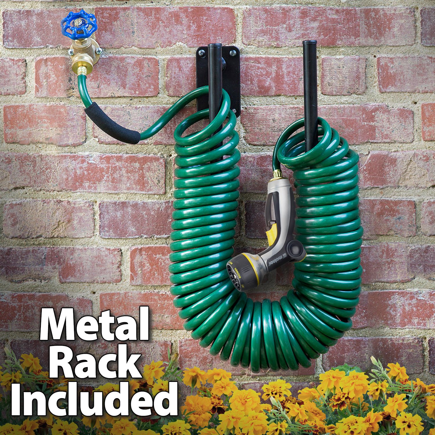 Melnor Garden Coil Hose with All Brass Connectors and Storage Rack