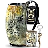 TRUE VIKING Drinking Horn Mug 16-20 oz – Gifts for Men, Dad, Husband – Unique Viking Gift – Handmade Authentic Ox Horn Cup with Shot Glass & Opener – For Beer, Ale, Mead – Natural Polished (Fenrir)