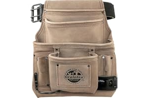 Graintex SS2280 10 Pocket Nail & Tool Pouch Beige Color Suede Leather with 2” Leather/Webbing Belt for Constructors, Electricians, Plumbers, Handymen, Standard
