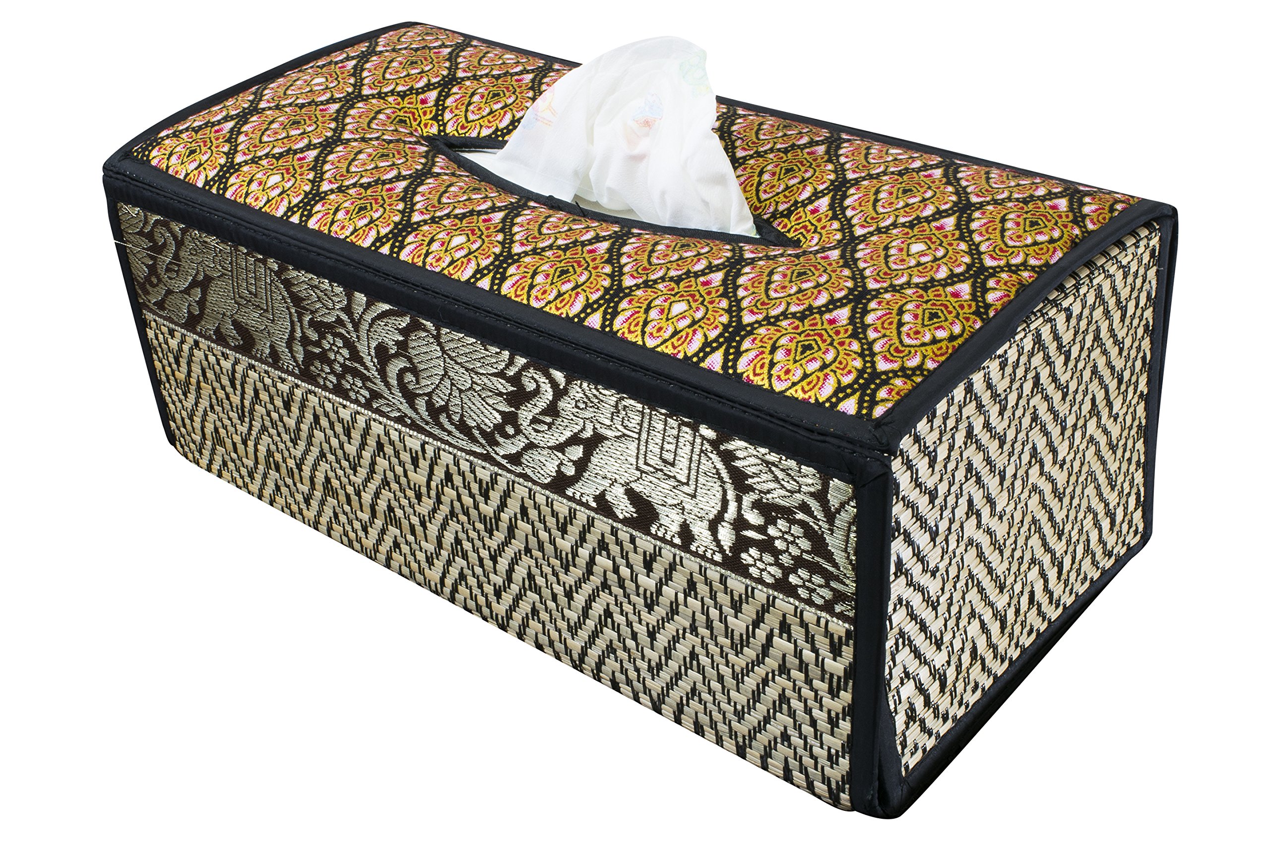 CCcollections Handmade Stylish Reed Tissue Box, 100% Cotton Handcrafted with Satin Trim Sheath Cover Holder Dispense made from Natural Eco-Friendly Materials - (B Black)