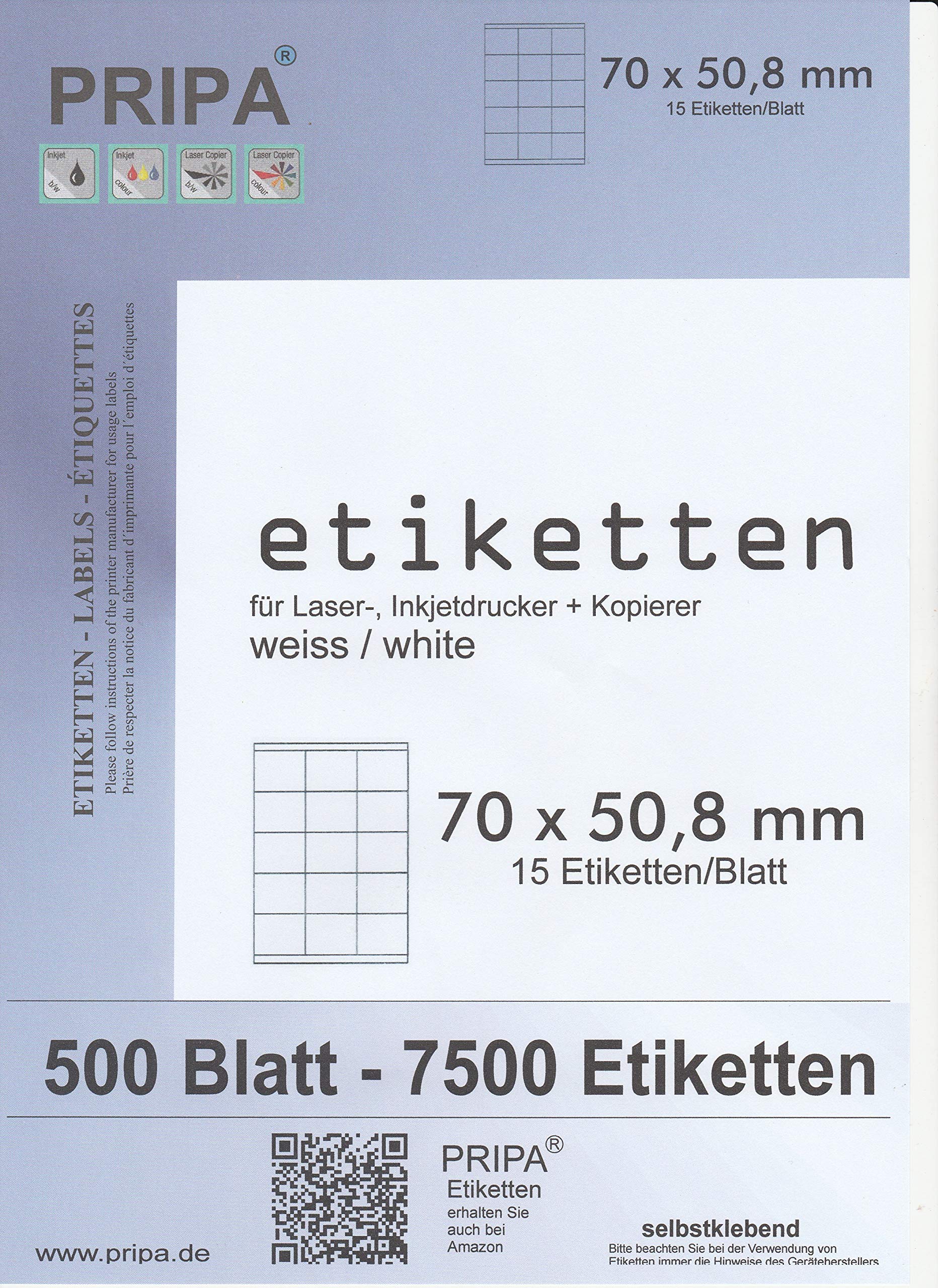 pripa Label format 70 x 50.8 mm, 500 sheets DIN A4 self-adhesive labels (500).