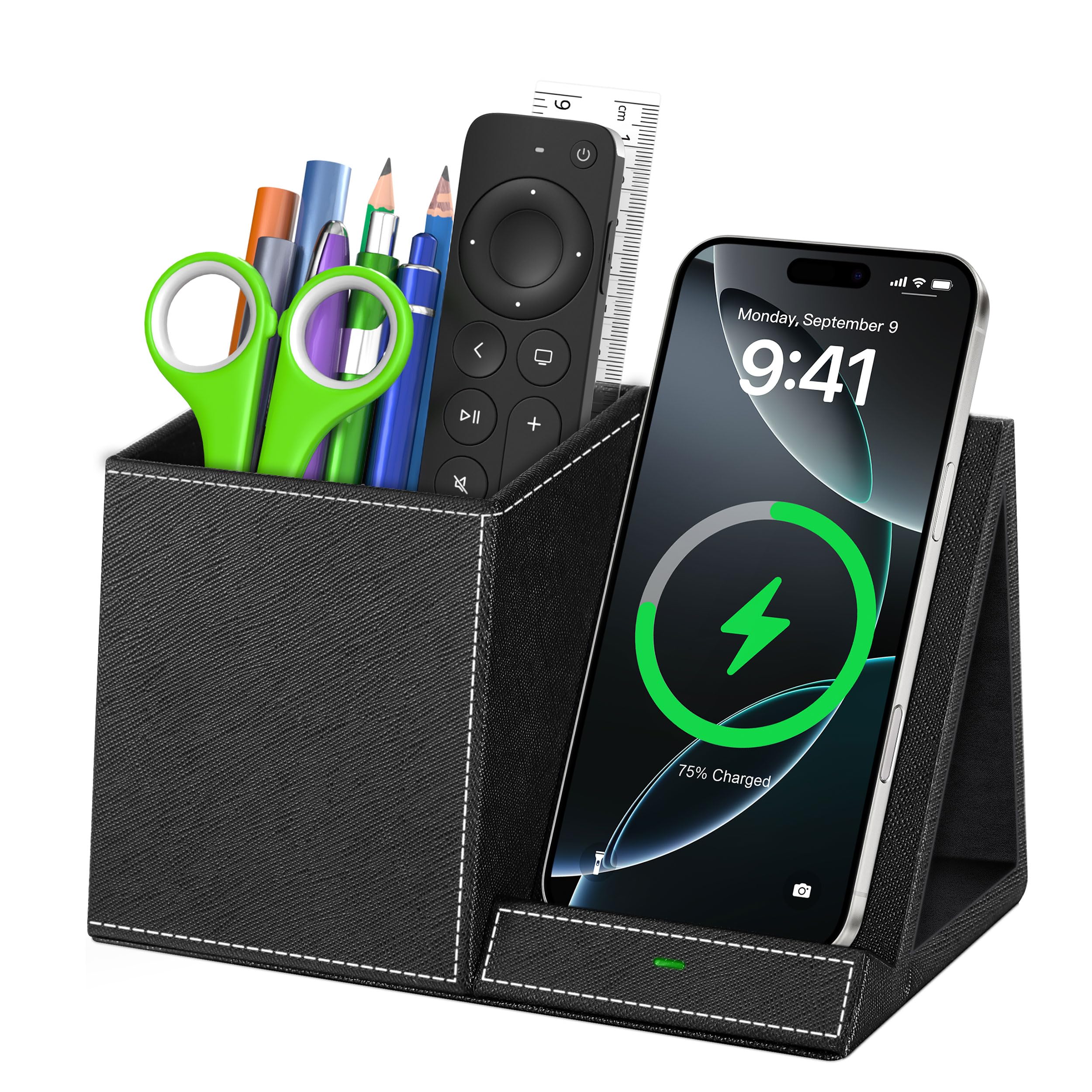Investme Pen Holder with Wireless Charger, PU Leather, Black