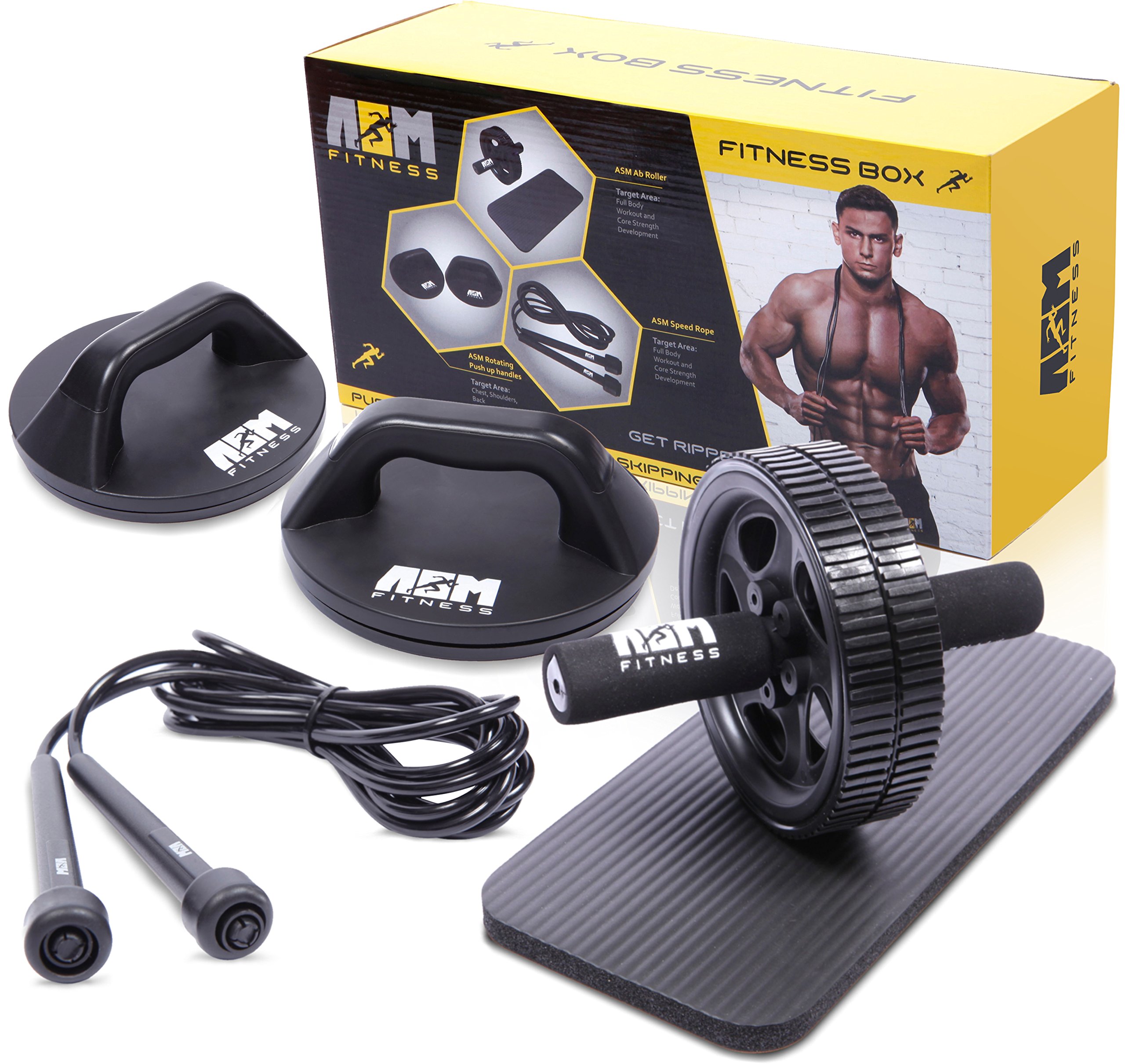 ASM Fitness Box- Ab Wheel Roller with Thick Knee Pad Mat, Rotational Push Up Bar / Pushup Stand, Skipping Rope. Premium Home Gym Set