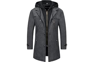 CREATMO US Men's Classic Pea Coat Wool Blend Trench Coat Windproof Business Overcoat With Detachable Hood