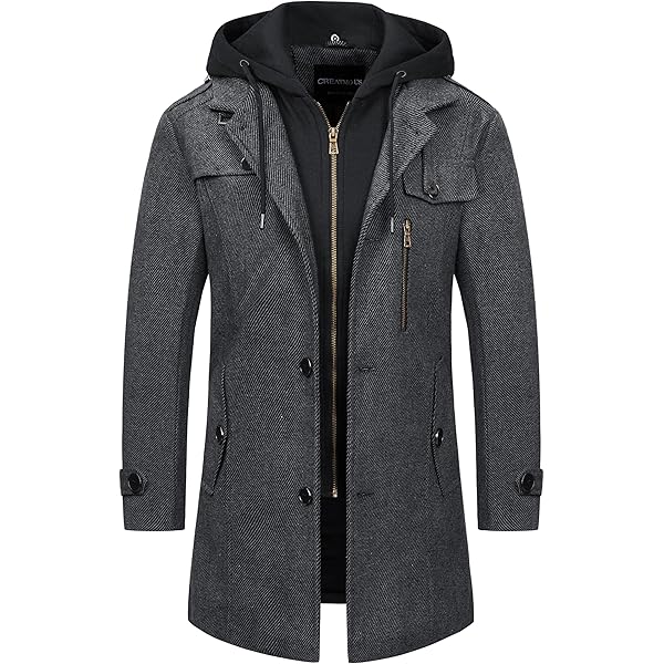 Thatrich Men's Hooded Peacoat Mid Length Trench Coat Oversized