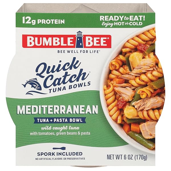 BUMBLE BEE QUICK CATCH MEDITERRANEAN PASTA, WILD CAUGHT TUNA AND PASTA BOWL, 6 OZ (PACK OF 1) – READY TO ENJOY, SPORK INCLUDED – 14G PROTEIN PER SERVING – NO ARTIFICIAL FLAVORS – GOOD SOURCE OF FIBER