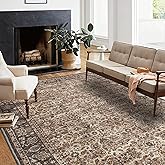 RYB HOME Machine Washable Area Rug 5x8 for Living Room, Floral Pattern Vintage Boho Rug for Bedroom, Soft Faux Wool Stain Resistant Carpet for Dining Room Office Guest Room, 5x8 ft, Brown