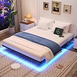 Awesofurni Floating Bed Frame Queen Size with LED Lights and Charging Station, Heavy Duty Modern Metal Platform Bed No Box Spring Needed - Easy Assembly and Noise Free