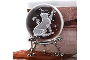 ZEERSHEE 60mm 3D Crystal Ball Glass Laser Engraved Cat Figurine Glass Cat Paperweight with Stand for Home Art Decor