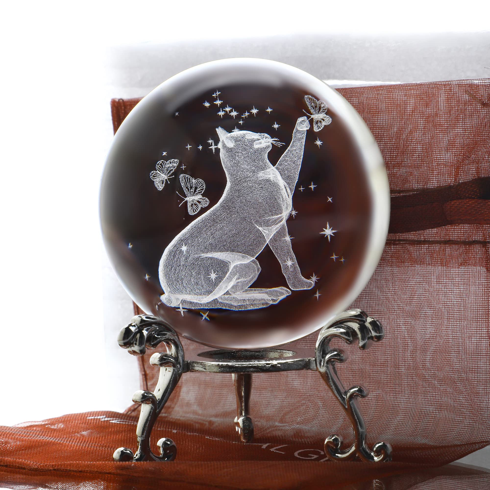 3D Crystal Ball Laser Cat Figurine Glass Paperweight With Stand - Gifts for Cat Lovers and Women Ornaments