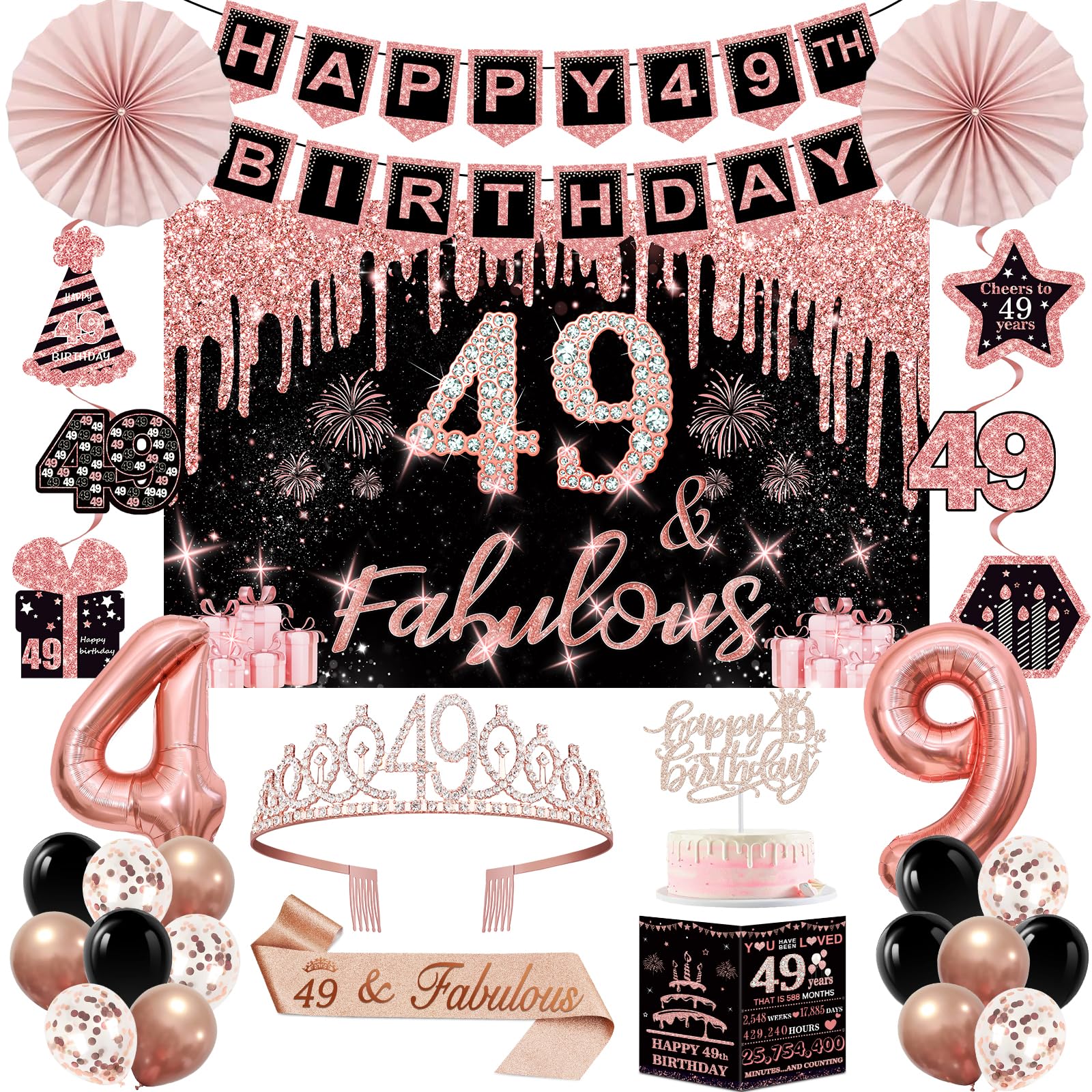 49th Birthday Decorations for Women,32PCS 49th Birthday Party Decorations,Including Backdrop, Crown, Sash, banner, Hanging Swirl,balloons,Cake Topper,Paper Fans and Anniversary Card