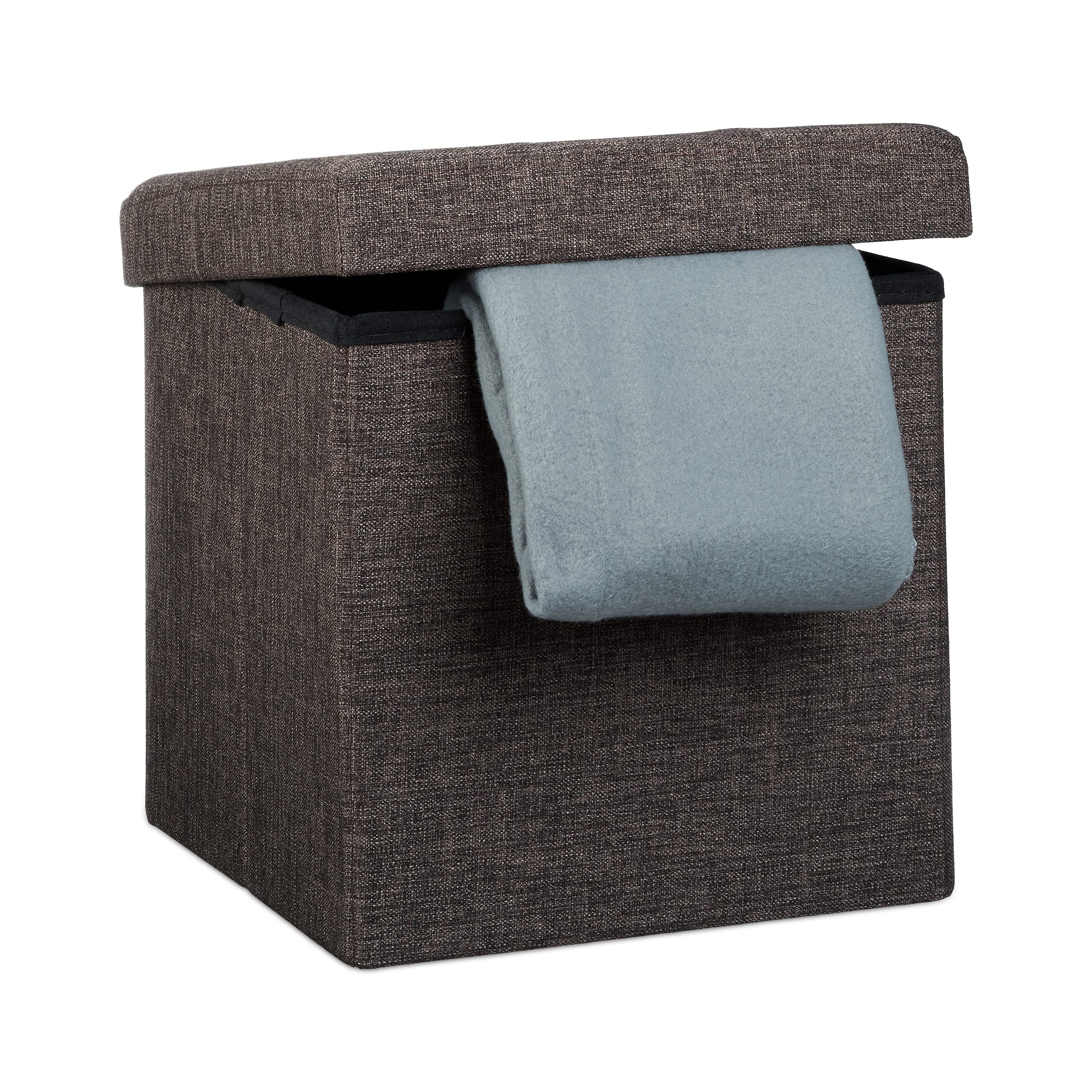 Relaxdays Folding Ottoman 38 x 38 x 38 cm Storage Chair, Footstool Pouf Box Cube, Removable Lid, Brown