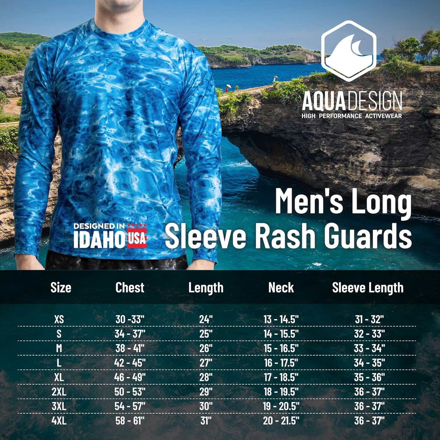 Aqua Design Rash Guard Men: UPF 50+ Long Sleeve Rashguard Swim Shirts for Men: Clothing