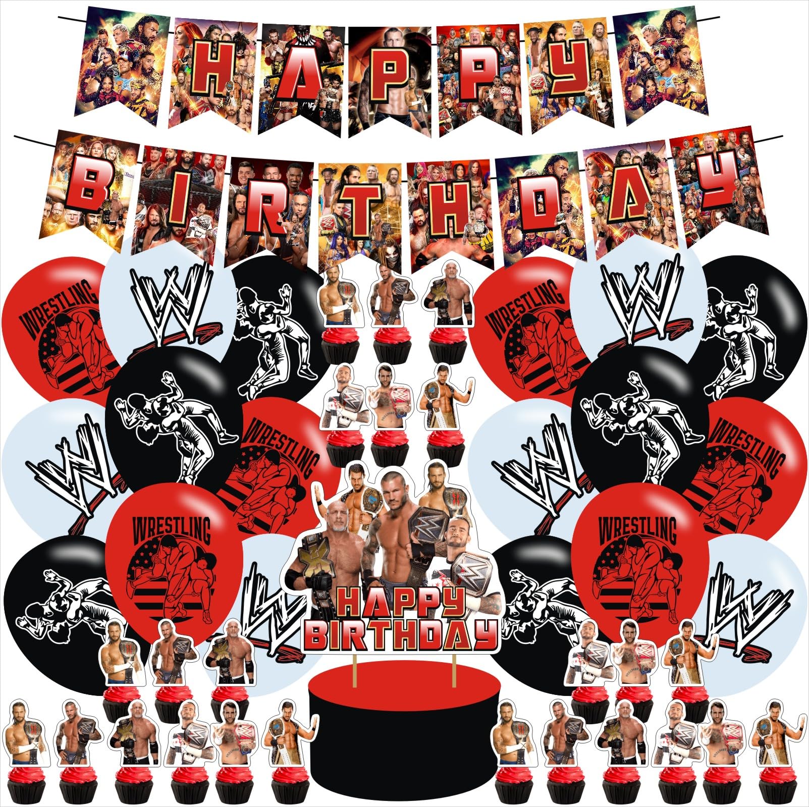 Photo 1 of PINUO Wrestling birthday party supplies,Wrestling Boxing Match party including cake caps, cupcake caps, flags, Latex Balloons, It is very suitable for birthday party supplies.