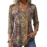Zeagoo 3/4 Length Sleeve Womens Tops Casual V Neck Pleated Top Boho Floral Blouses Work Shirts