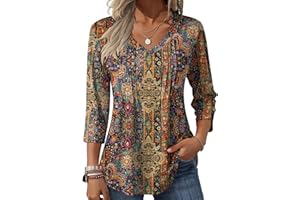 Zeagoo 3/4 Length Sleeve Womens Tops Casual V Neck Pleated Top Boho Floral Blouses Work Shirts