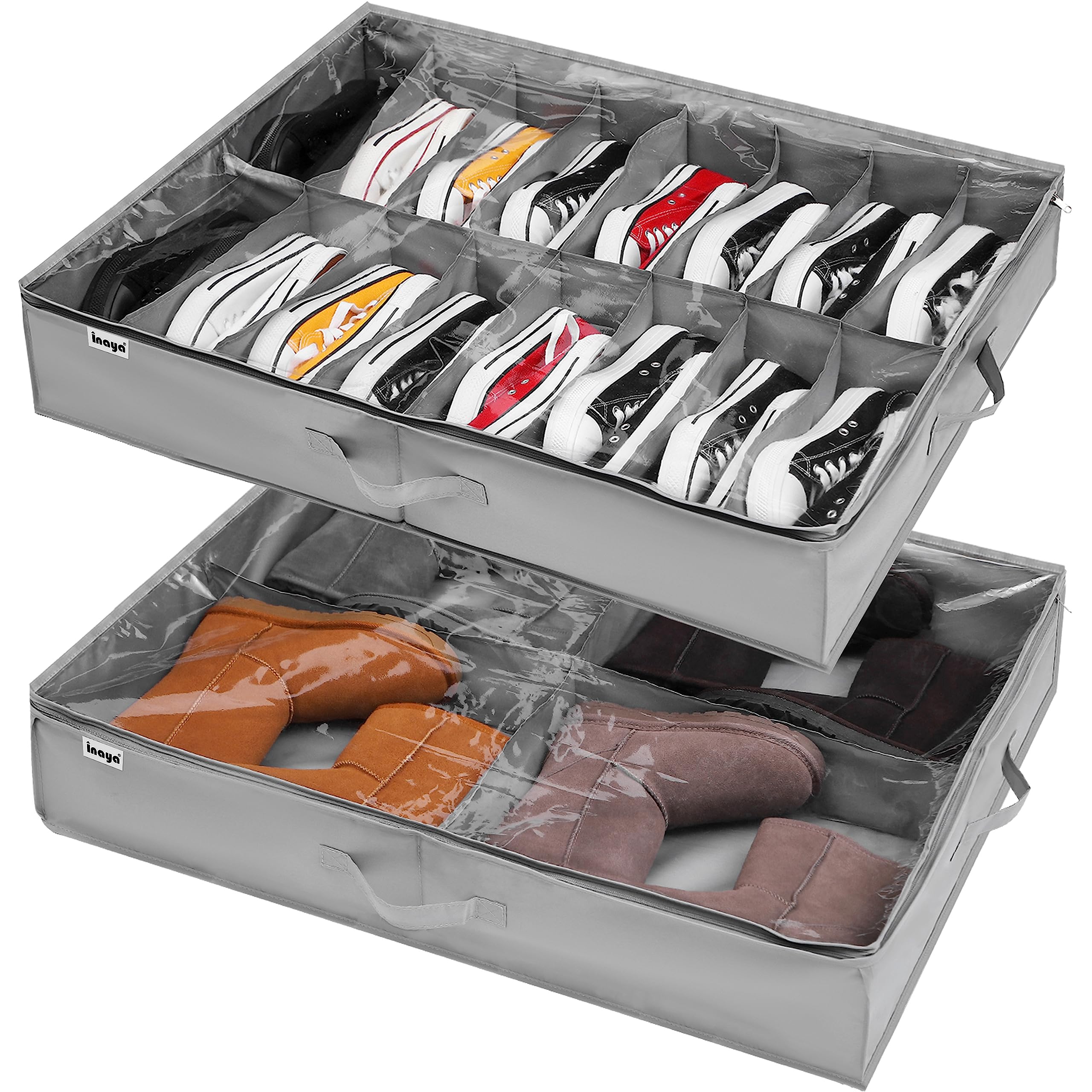 Under Bed Shoe Storage Box Set of 2, Fits 16+4 Pairs Boots Total, Underbed Shoe Storage Organiser with Reinforced Handles, Clear Foldable Shoes Containers Adjustable Dividers with Bottom Support