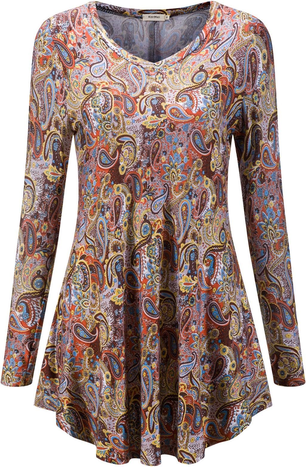 Kormei Womens Long Sleeve V-Neck Flared Hem Tunic Tops