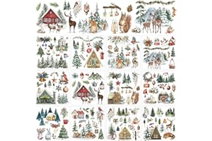 Whaline 12 Sheets Christmas Forest Rub on Transfer for Crafts Xmas Tree Animal Rub on Transfer Stickers Winter Furniture Decals for Home Party DIY Crafts, 5.5 x 5.5 Inch
