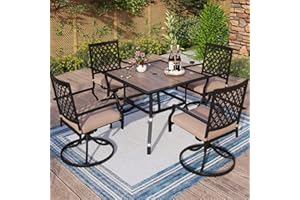 MFSTUDIO Metal Patio Dining Sets for 4，Square Outdoor Woodgrain Table and Swivel Dining Rocker Chairs with 2.7" Thick Cushions