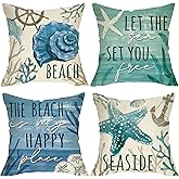 Fjfz Beach Seaside Decorative Throw Pillow Covers 18 x 18 Set of 4, Coastal Sea Ocean Conch Starfish Coral Porch Outdoor Home Decor, Farmhouse Nautical Anchor Couch Cushion Case