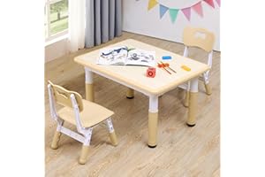 CuFun Kids Table and Chairs Set, Height-Adjustable Toddler Table and Chairs Set for Age 3-8, 31.5''Lx23.6''W Graffiti Desktop, Kids Activity Table for Daycare, Classroom, Home (Beige-Wood, 2 Chairs)