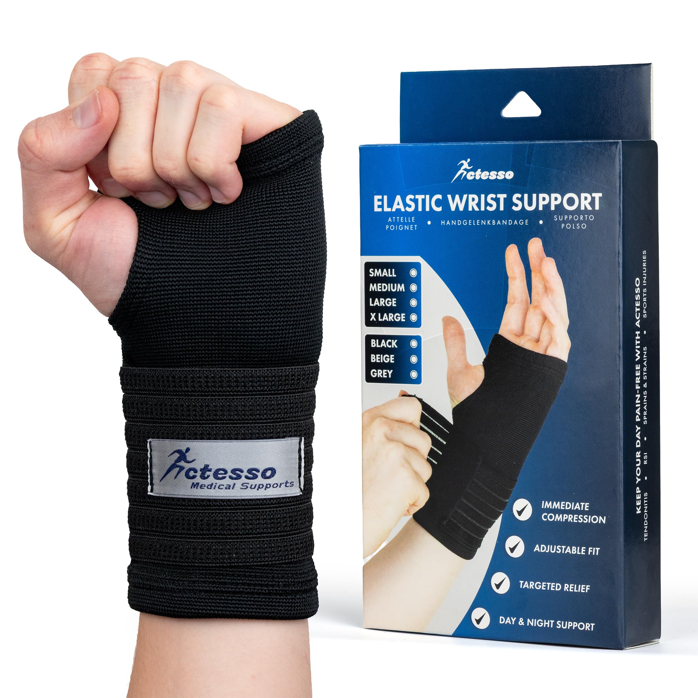 Actesso Elastic Wrist Support With Strap - Ideal for Sprains, Injury or Tendonitis with no metal bar - Support without inhibiting flexibility | Left or Right (Black, XL (Pack of 1))