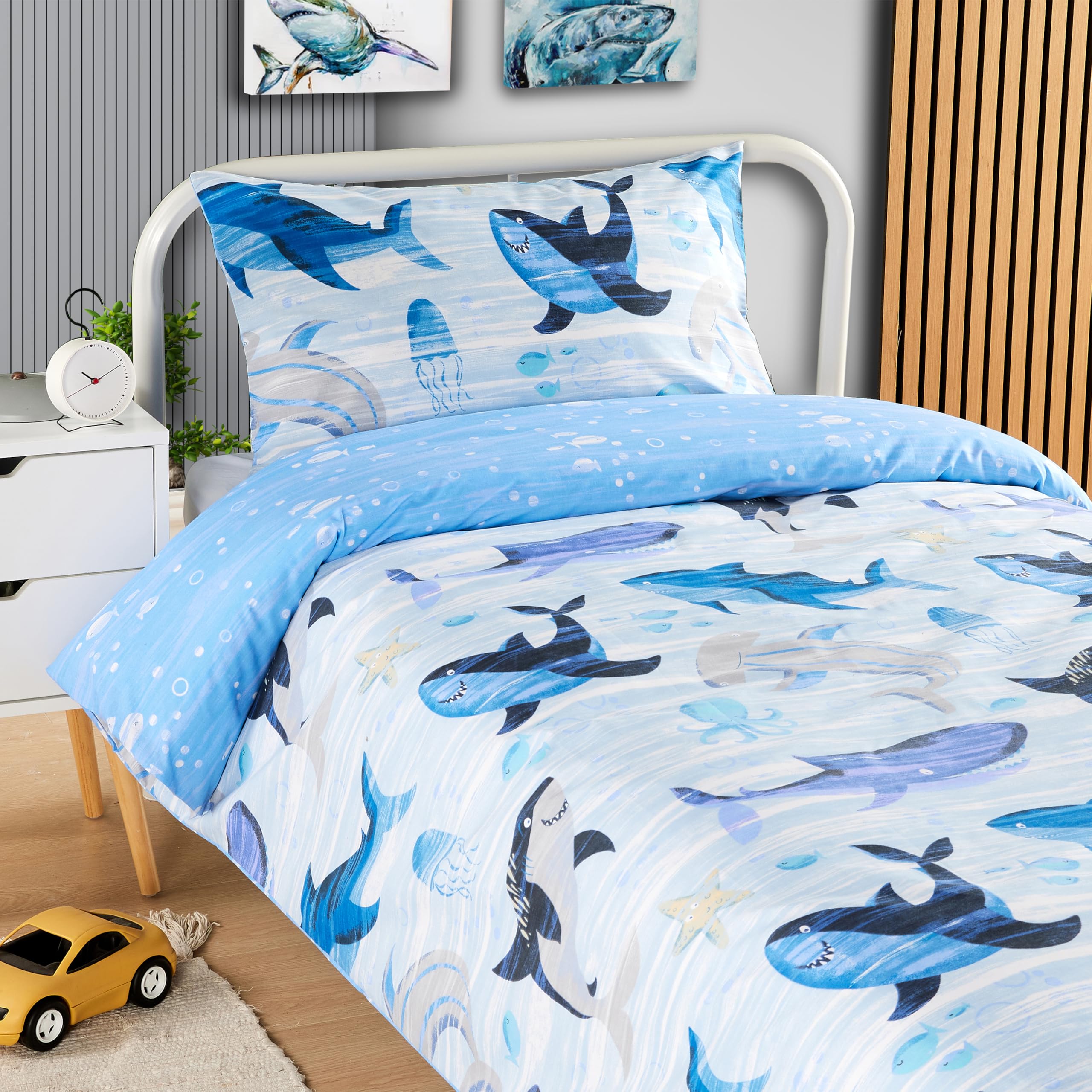 Olivia Rocco Sharks Duvet Cover Set Bedding for Kids Soft Cotton Reversible Design Quilt Bed Covers with Pillowcases, Curtains 66x72