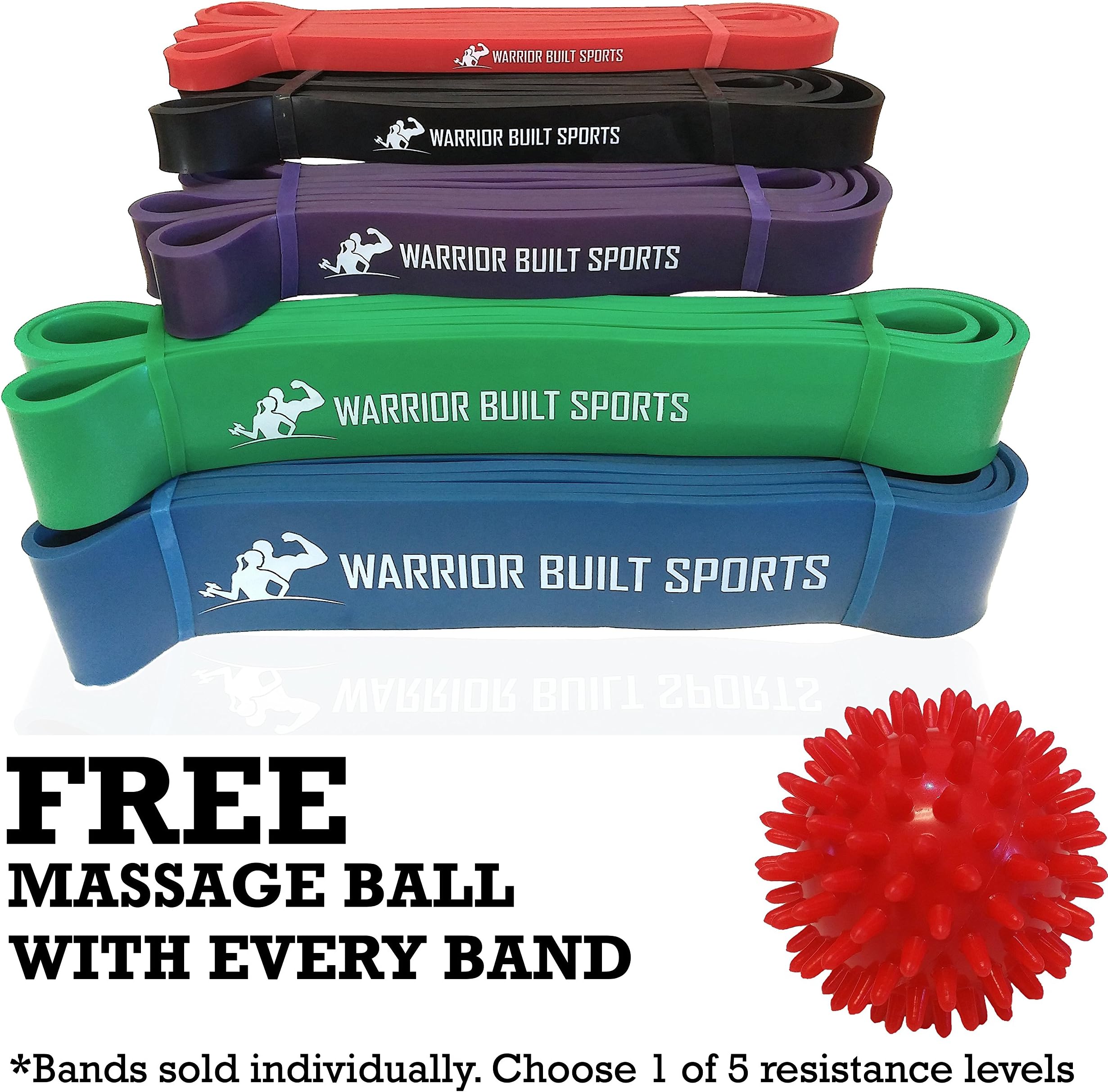 Warrior Built Sports Pull Up Assist Bands - Free Massage Ball - Resistance Bands for Chin Up, Weightlifting and Stretching - Mobility Bands Crossfit Single Band