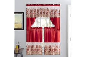 American Linen 3 Piece Sequin Embroidered Window Curtain Set – Valance and Tiers – Kitchen, Living Room, or Bathroom Curtains